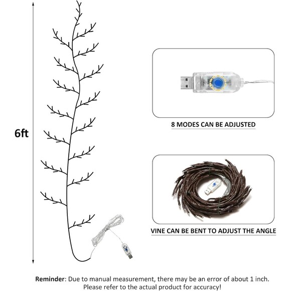 96 LED Willow Vine Lights 6FT Enchanted Wall Decoration Vine Lights 8 Modes for - Picture 2 of 6